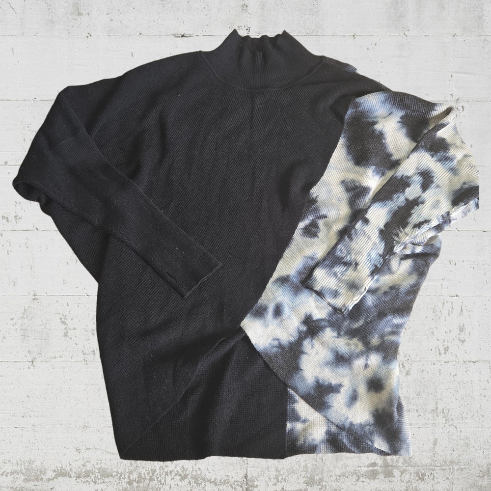 Elan Black White Tie Dye Front Wrap Turtleneck Ribbed Knit Sweater Size Small